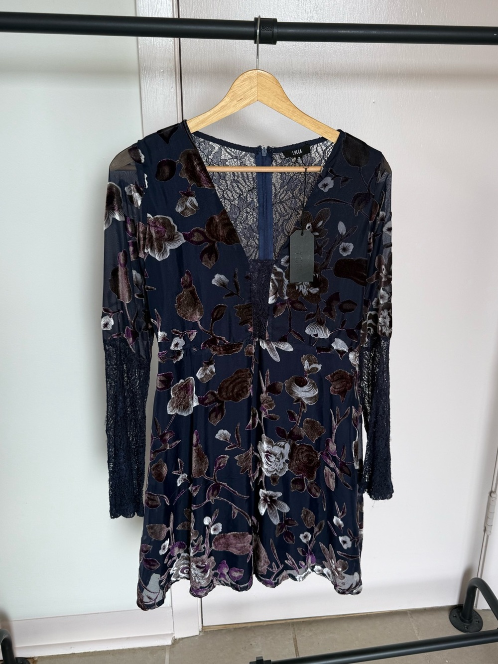 LUCCA Navy Floral Lace Back V-Neck Dress *New with tags*